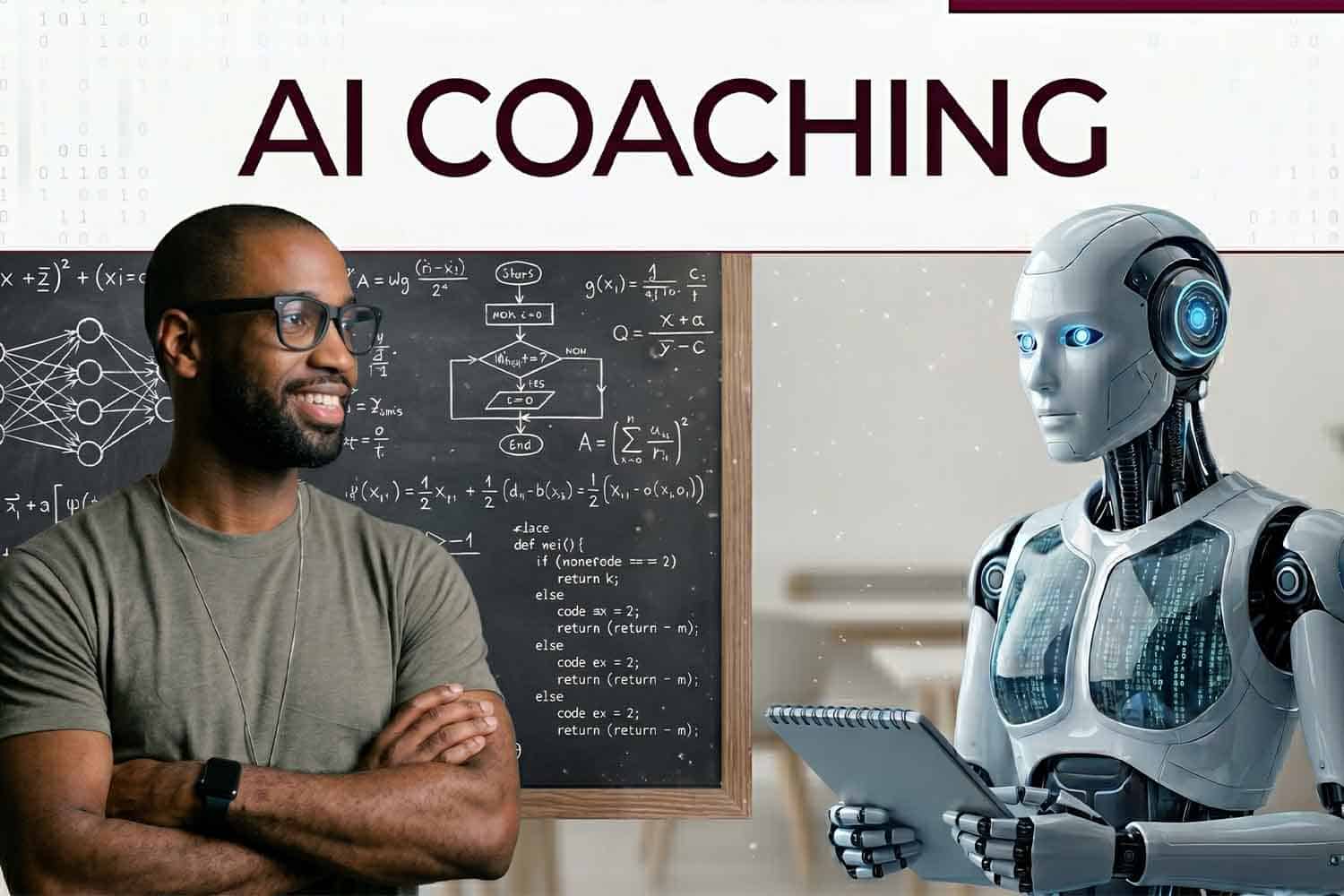 Mike, DJ AXCESS, wearing glasses with arms crossed, standing next to a chalkboard and a robot student to illustrate AI coaching mastery.