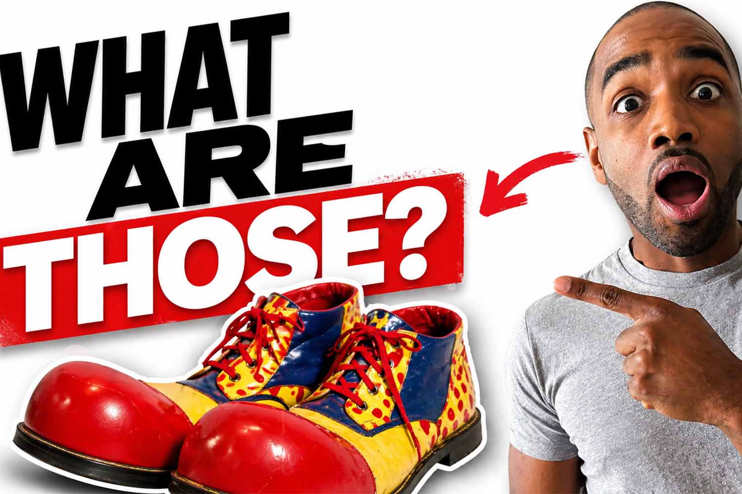 DJ Axcess pointing at oversized clown shoes with a confused expression, highlighting a humorous take on choosing the right wedding DJ shoes