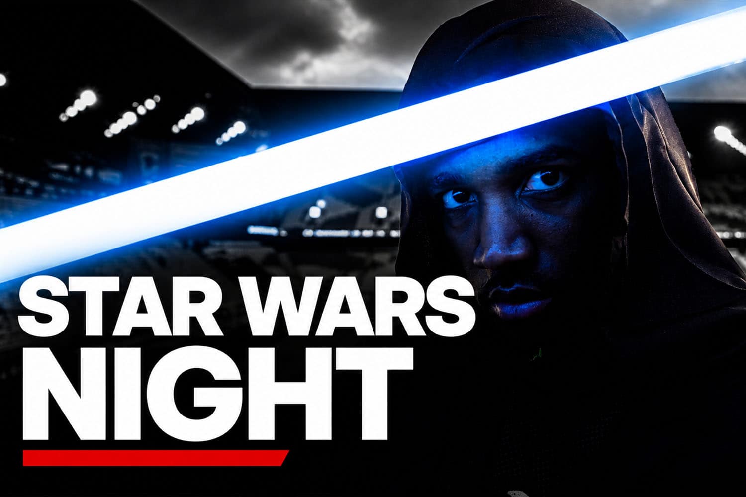 DJ AXCESS dressed in a Star Wars-inspired costume holding a lightsaber inside an MLS stadium on Star Wars Night.