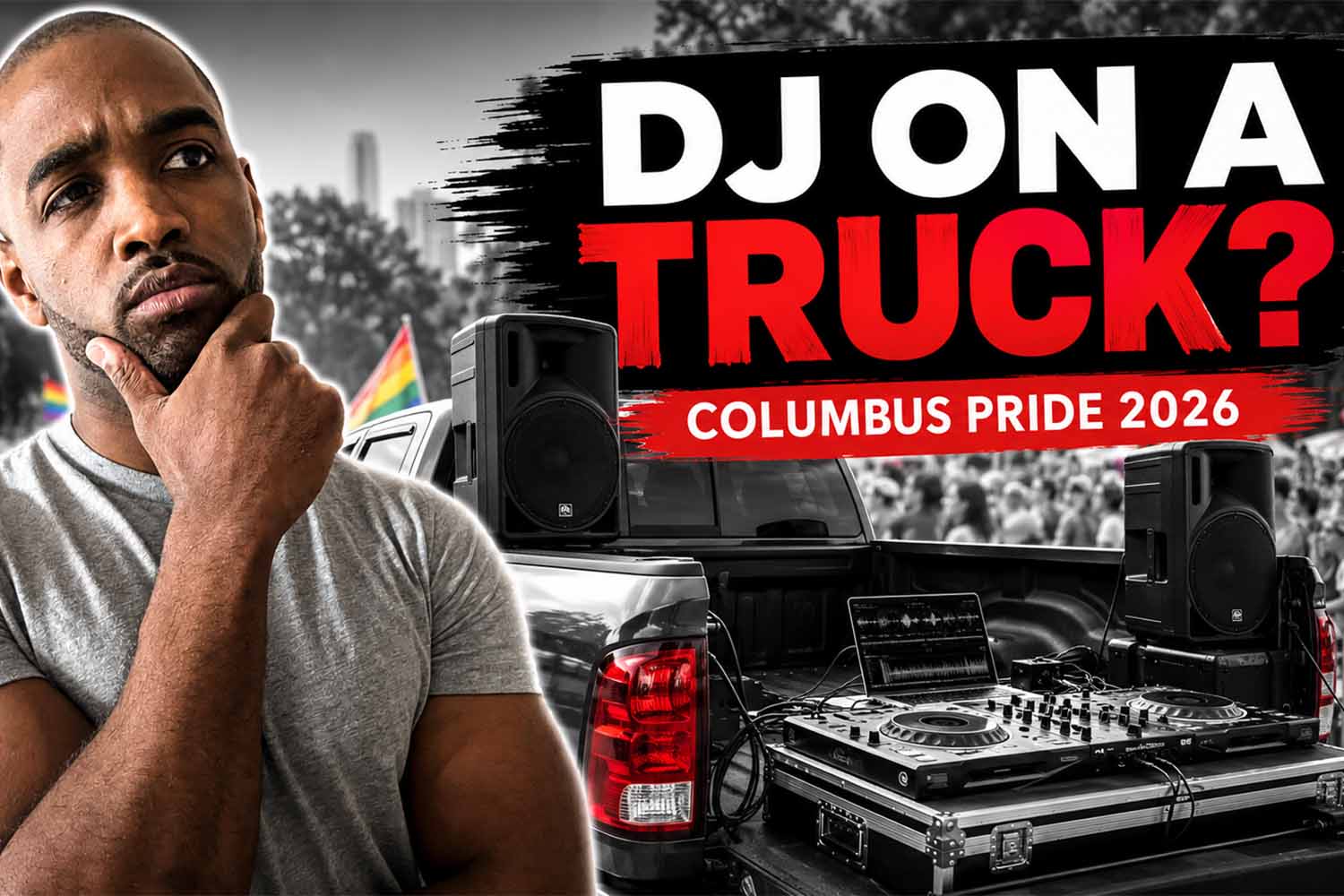 Blog-Post DJ AXCESS performing with portable DJ gear from the bed of a pickup truck during the Columbus Pride parade.