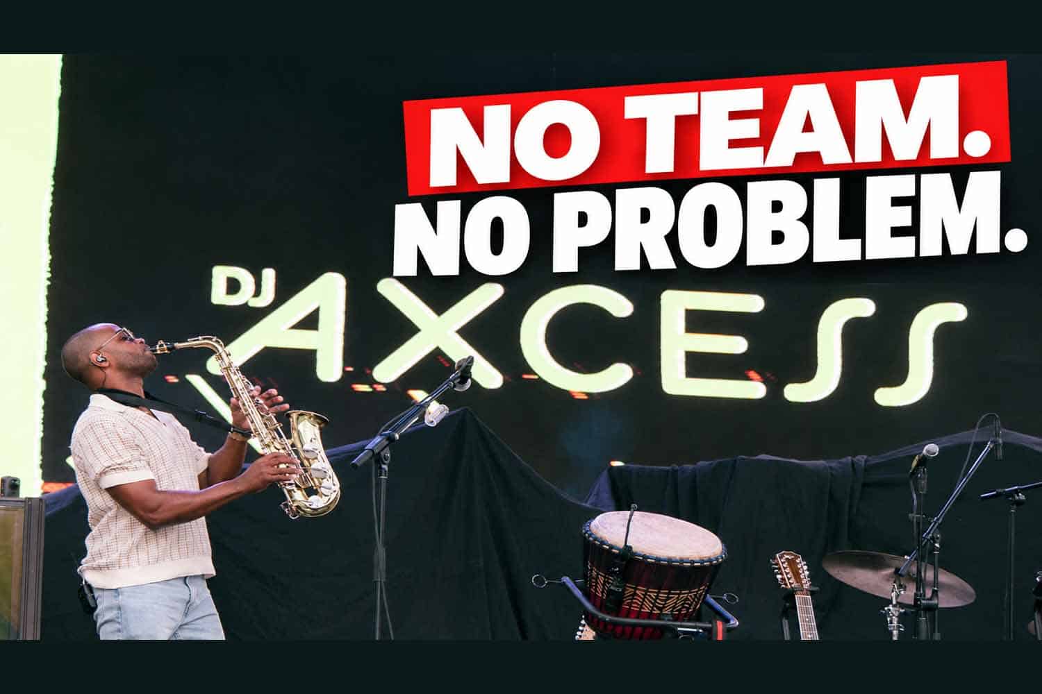 DJ AXCESS performing at Abercrombie & Fitch's Challenge Music Festival, playing saxophone and DJing on the main stage.